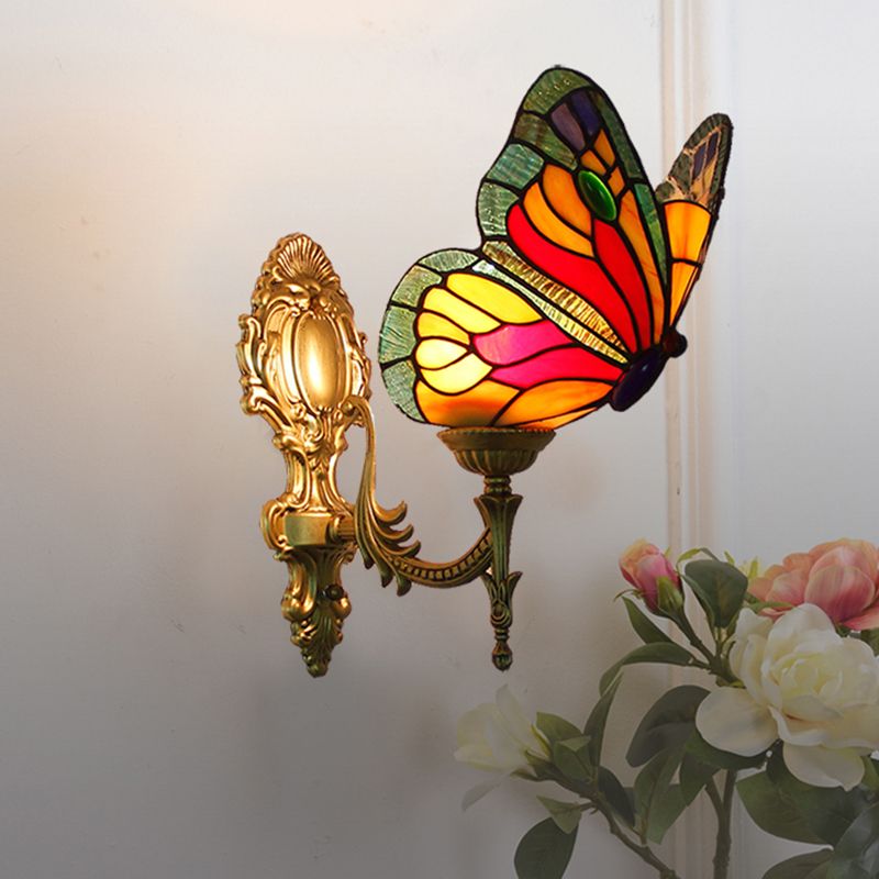 Arisha Applique Murale Papillon Tiffany, Métal/Verre, Bleu/Rouge/Multi-Couleurs/Bleu Clair