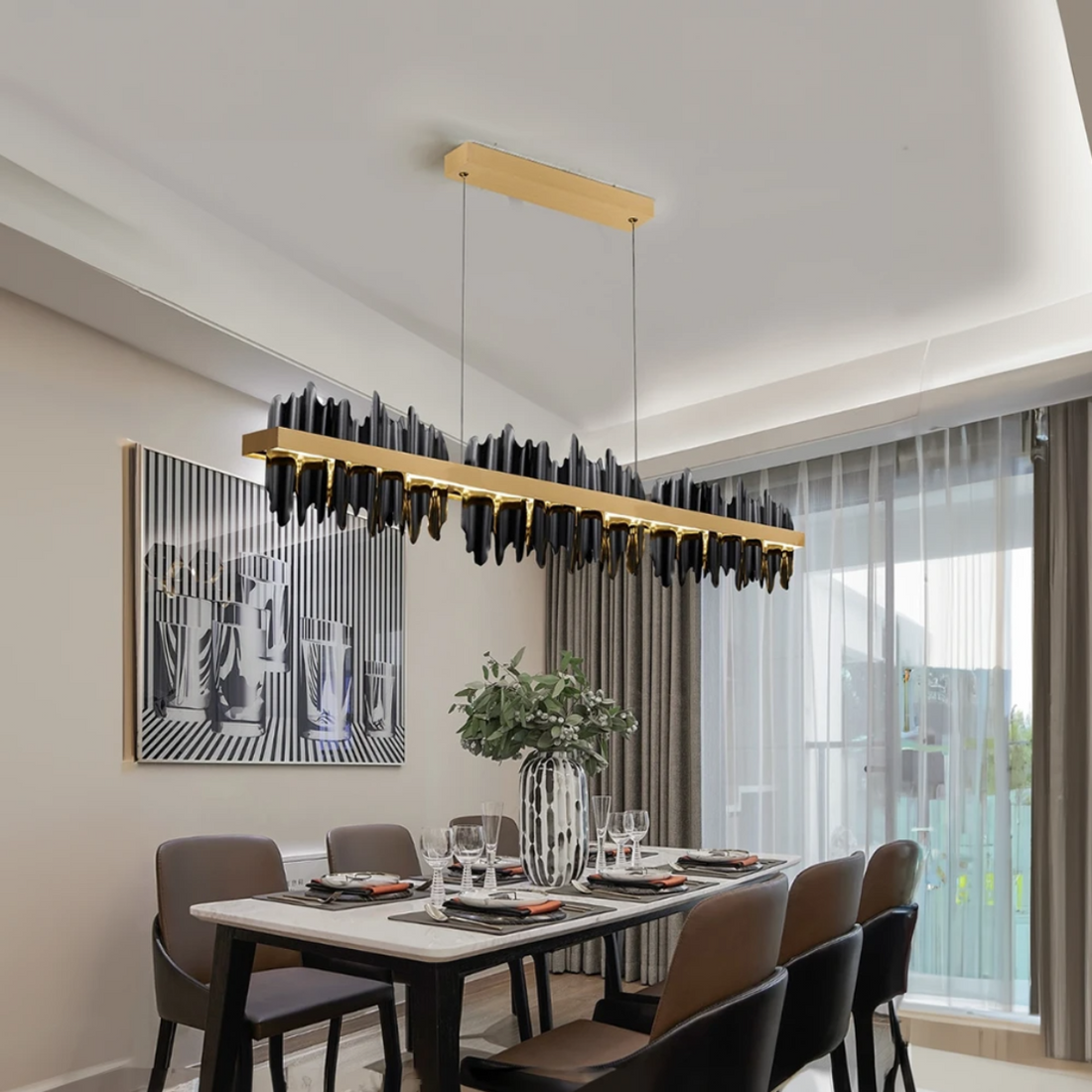 Kristy Lustre LED Rectangles Verre/Métal Noire Or Salon
