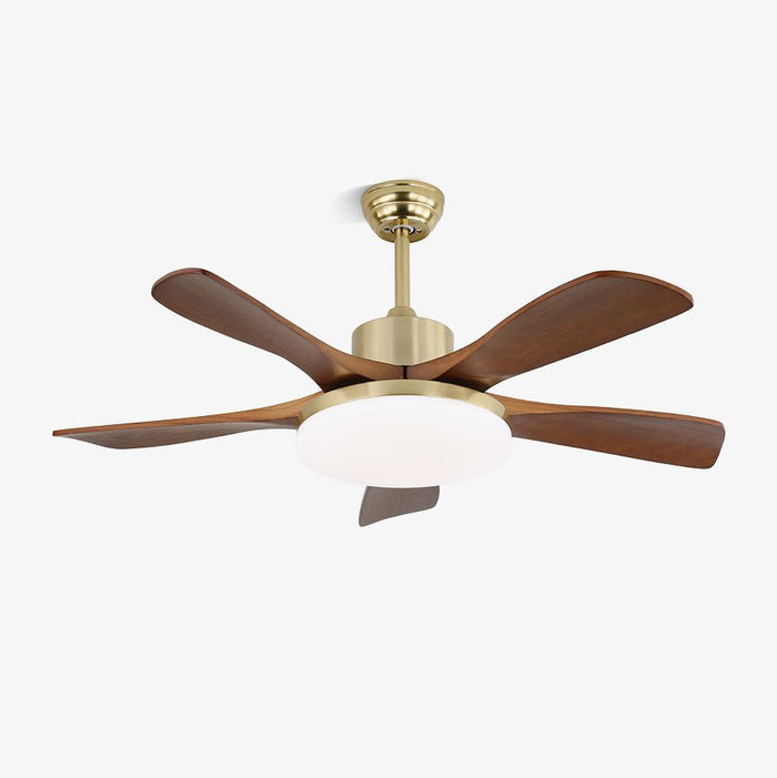 Plafonnier ventilateur Elara moderne en laiton et bois