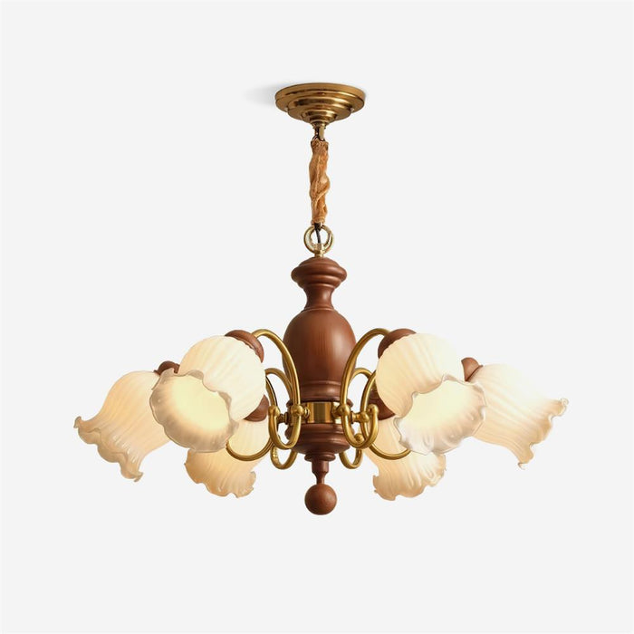 Lustre Abat-jours en Verre Tulipe Cadre en Bois de Noyer Style Rustique