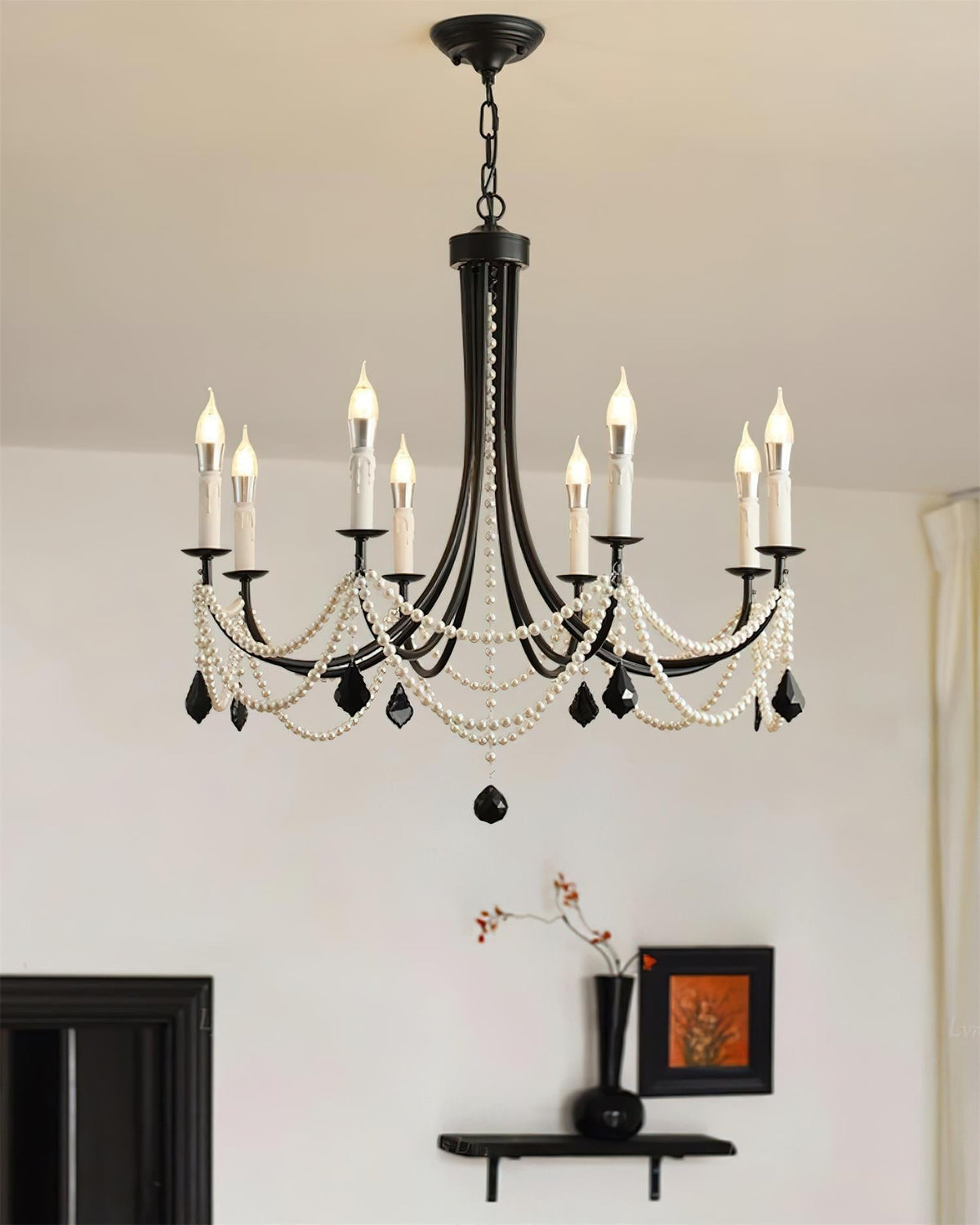 Rococo Lustre Style Bougie Cristal Noir Pendentif