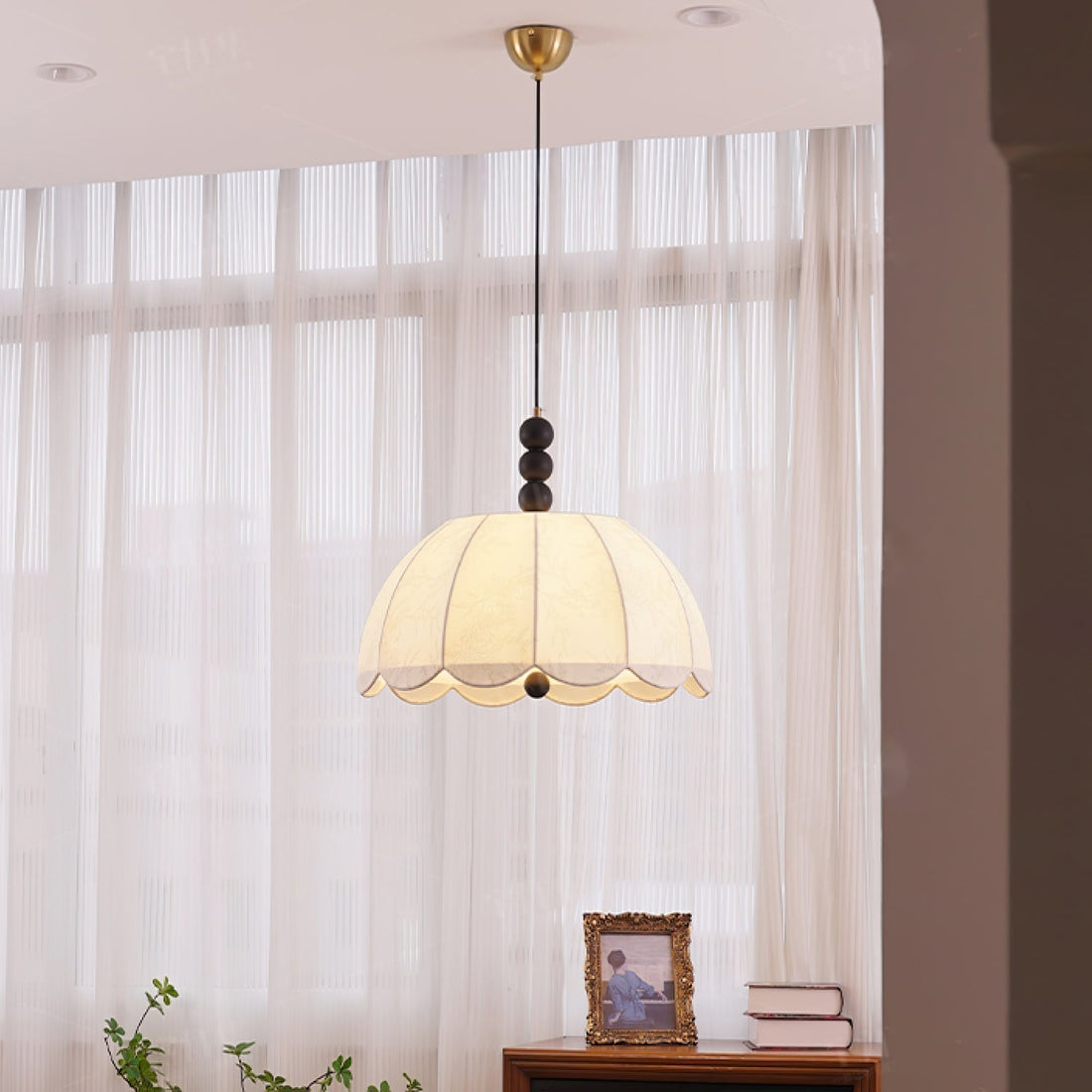 Syphaen Traditionnel Floraison Tissu Bois Pendentif Lumière