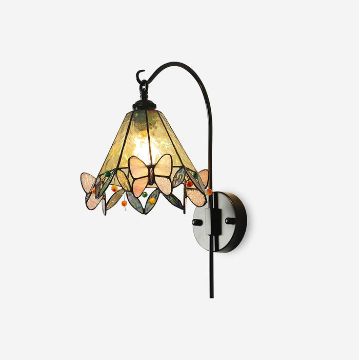 Tiffany Applique Murale Abat-jour en Verre Papillon Rose Jaune Art