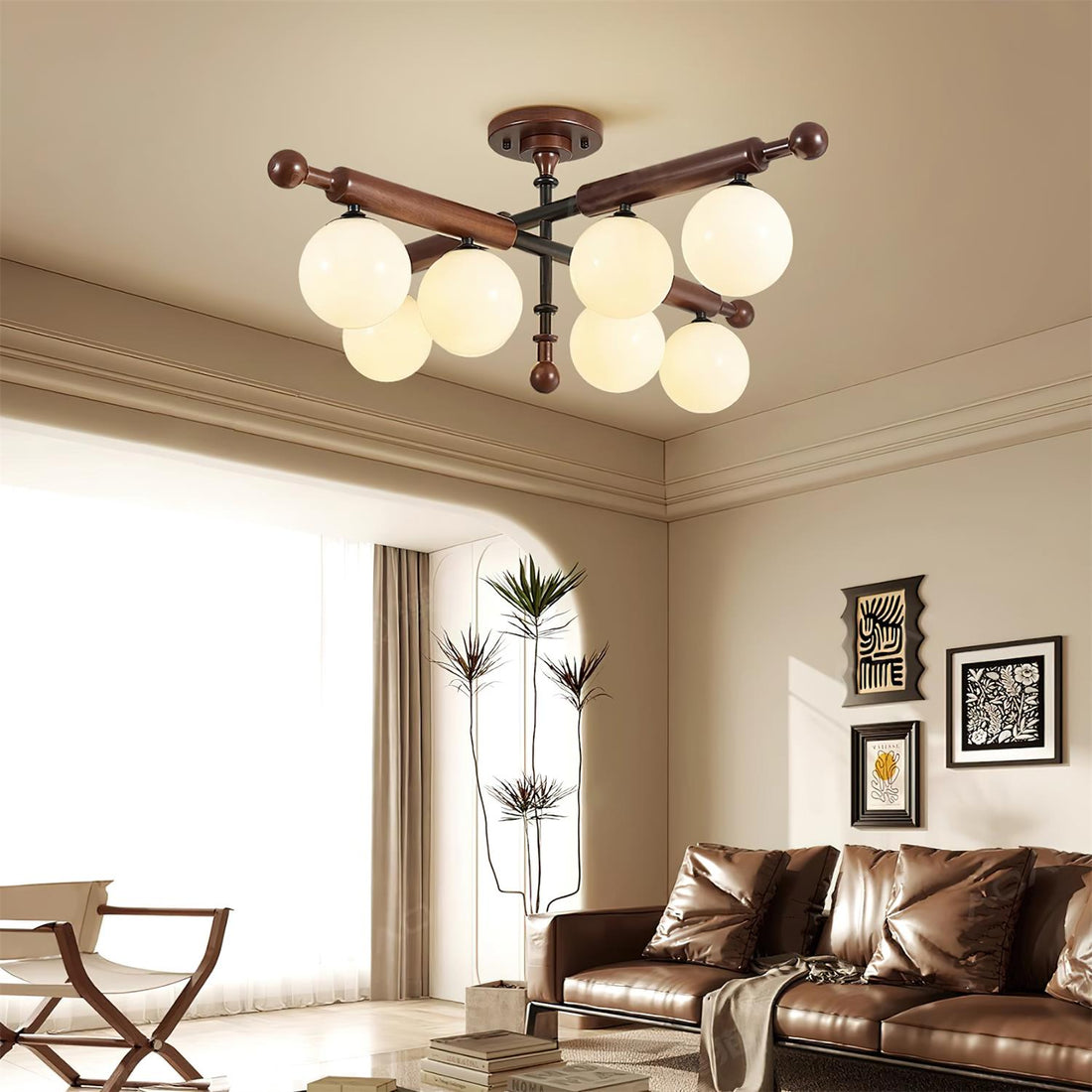 Briette Lustre Plafonnier Bras en Bois Globe Sculptural