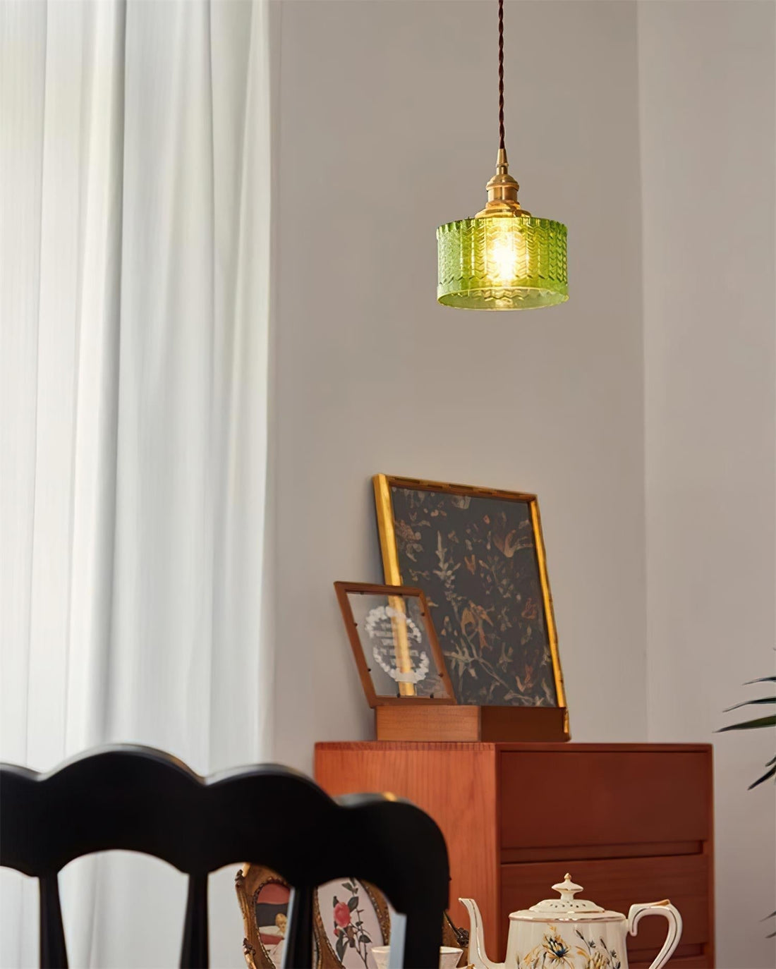 Cavella Suspension Lampe en Verre Texturé Vert Vintage