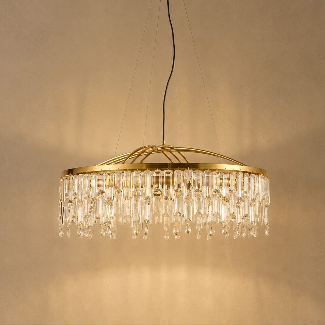 Lustre Rond à Franges en Cristal Doré - Aloria