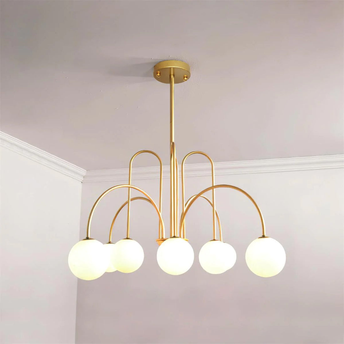 Lustra Lustre Laiton Bras Courbés Blanc Globe