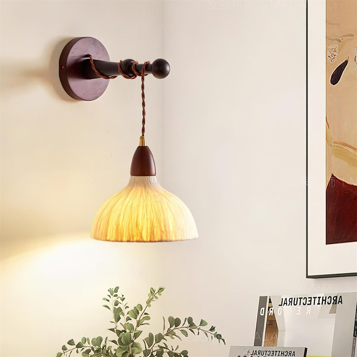 Arm Applique Murale en Papier de Riz Avec Abat-jour en Bois Cosy et Minimaliste