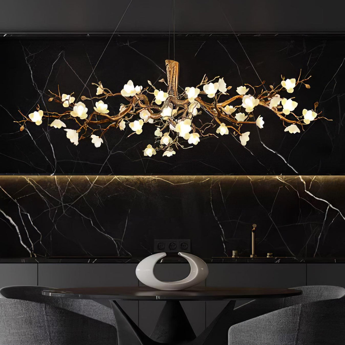 Avaros Lustre en céramique et laiton de luxe postmoderne avec branches fleuries