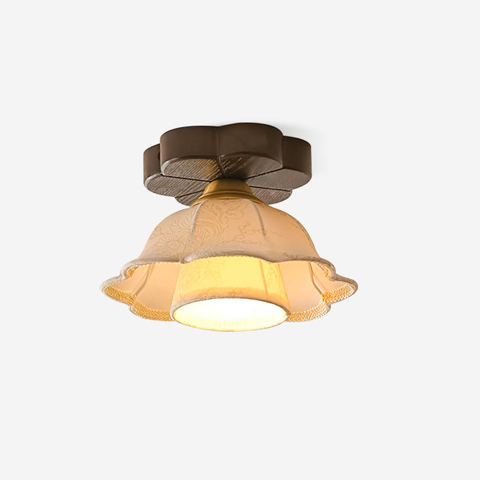 Lampe Plafond Abat-jour Tissu Festonné Plafond Bois de Noyer Vintage
