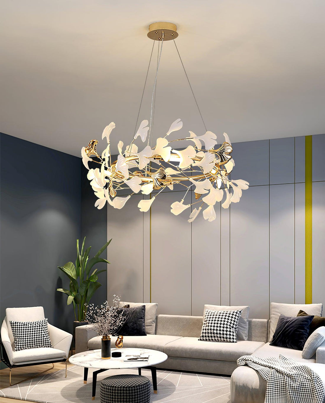 Ginkgo Lustre White Ceramic Petals Gold Branches Art