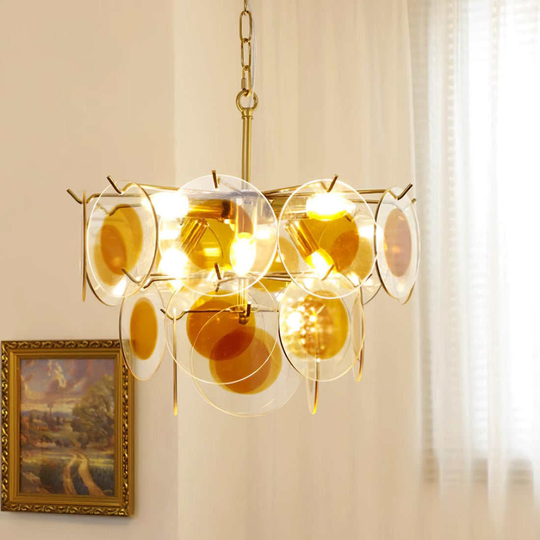 Glass Lustre Disques Caramel Cadre en Laiton Sculptural