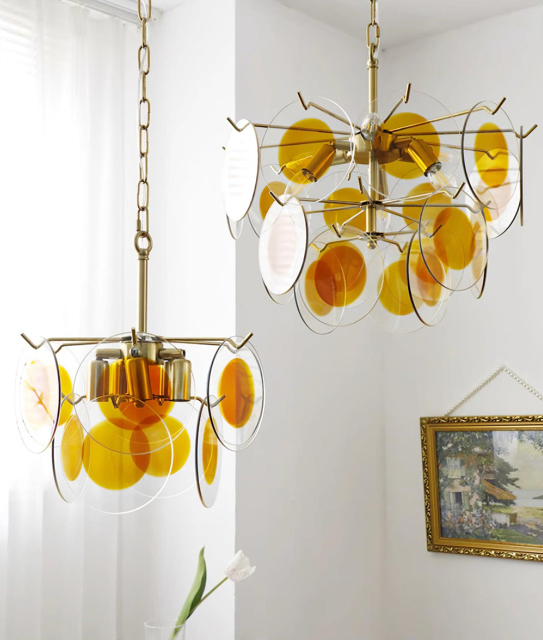 Glass Lustre Disques Caramel Cadre en Laiton Sculptural