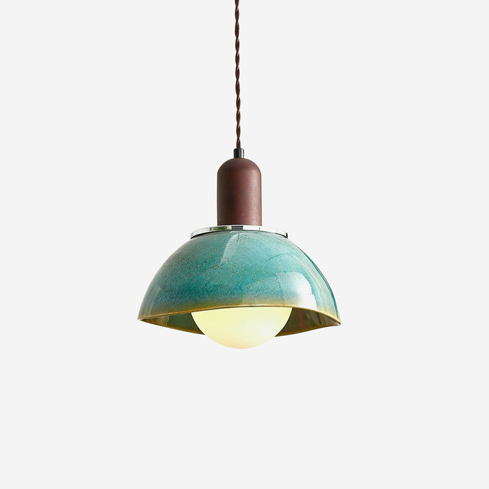 Lampe Suspendue en Céramique émaillée Avec Dôme en Bois de Noyer