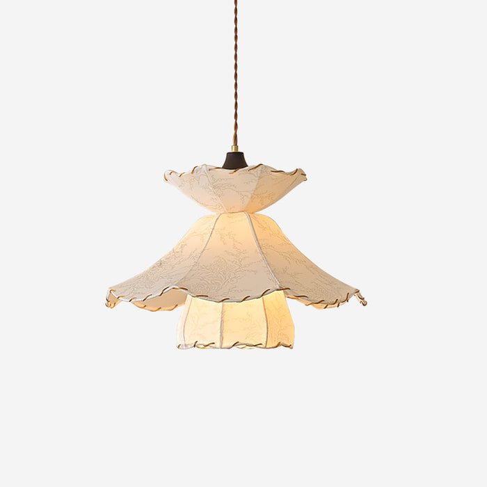 Lampe Suspension Abat-jour en Tissu Superposé à Bords Scallop Bois Minimaliste