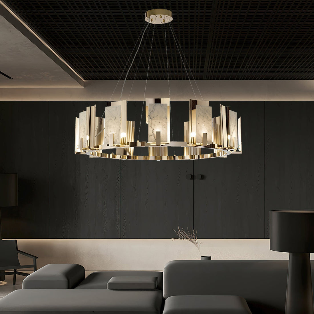 Nyraeila Lustre Métal Albâtre Rond Luxe Postmoderne
