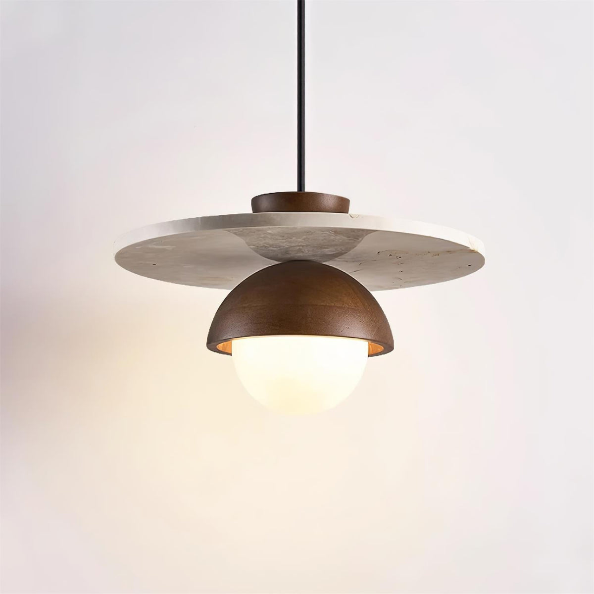 Virelli Suspension Globe en Verre Disque en Travertin Bois de Noyer Naturel