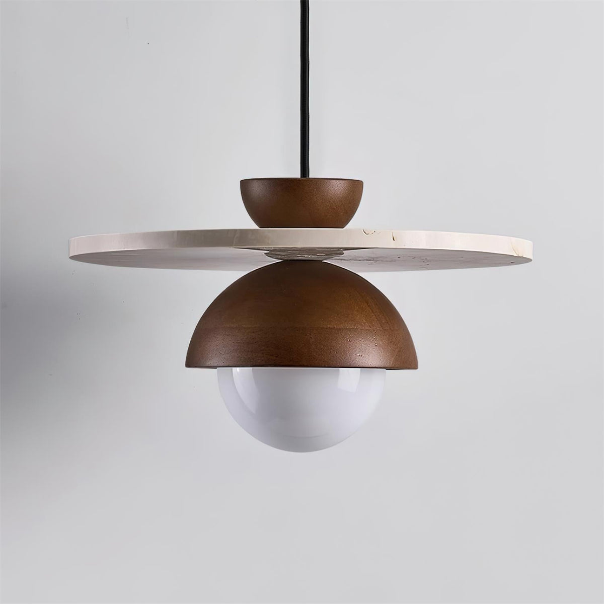 Virelli Suspension Globe en Verre Disque en Travertin Bois de Noyer Naturel
