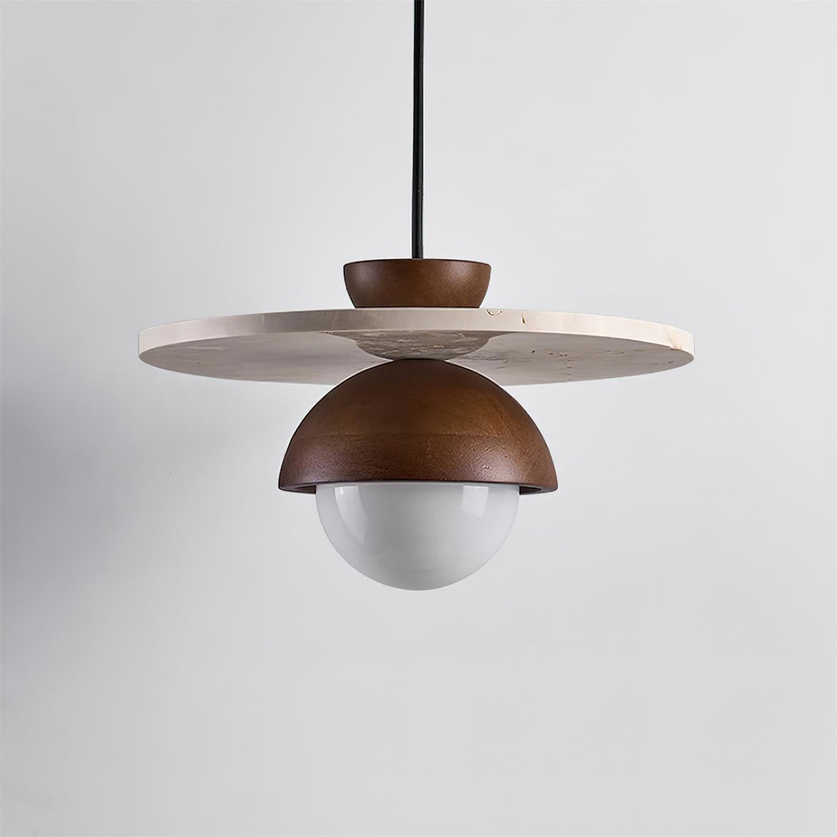 Virelli Suspension Globe en Verre Disque en Travertin Bois de Noyer Naturel