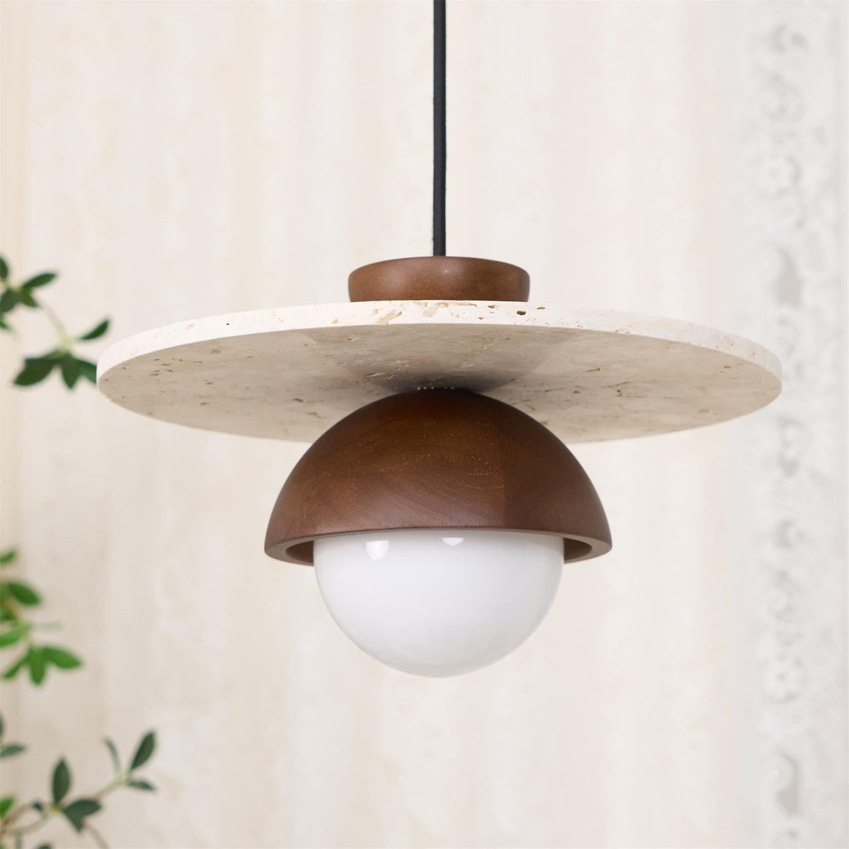 Virelli Suspension Globe en Verre Disque en Travertin Bois de Noyer Naturel
