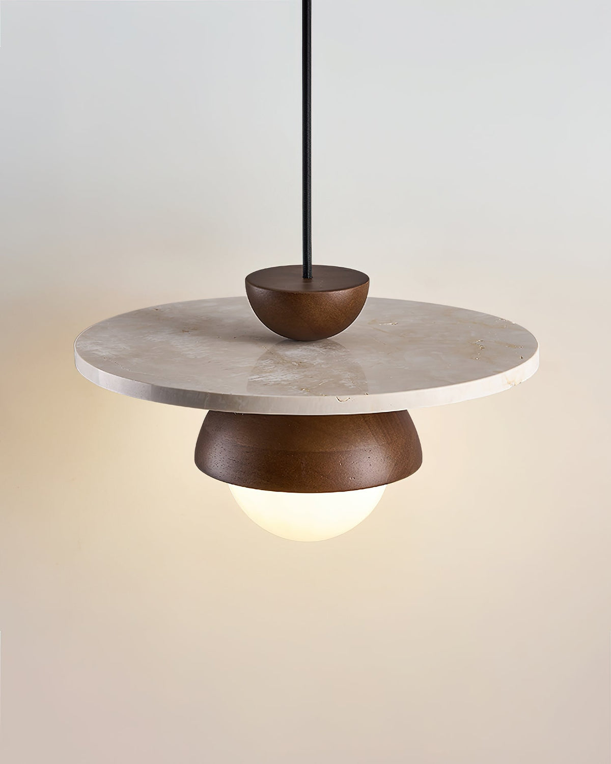 Virelli Suspension Globe en Verre Disque en Travertin Bois de Noyer Naturel