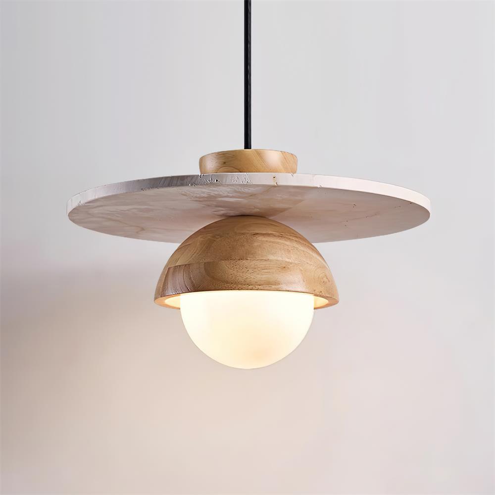 Virelli Suspension Globe en Verre Disque en Travertin Bois de Noyer Naturel