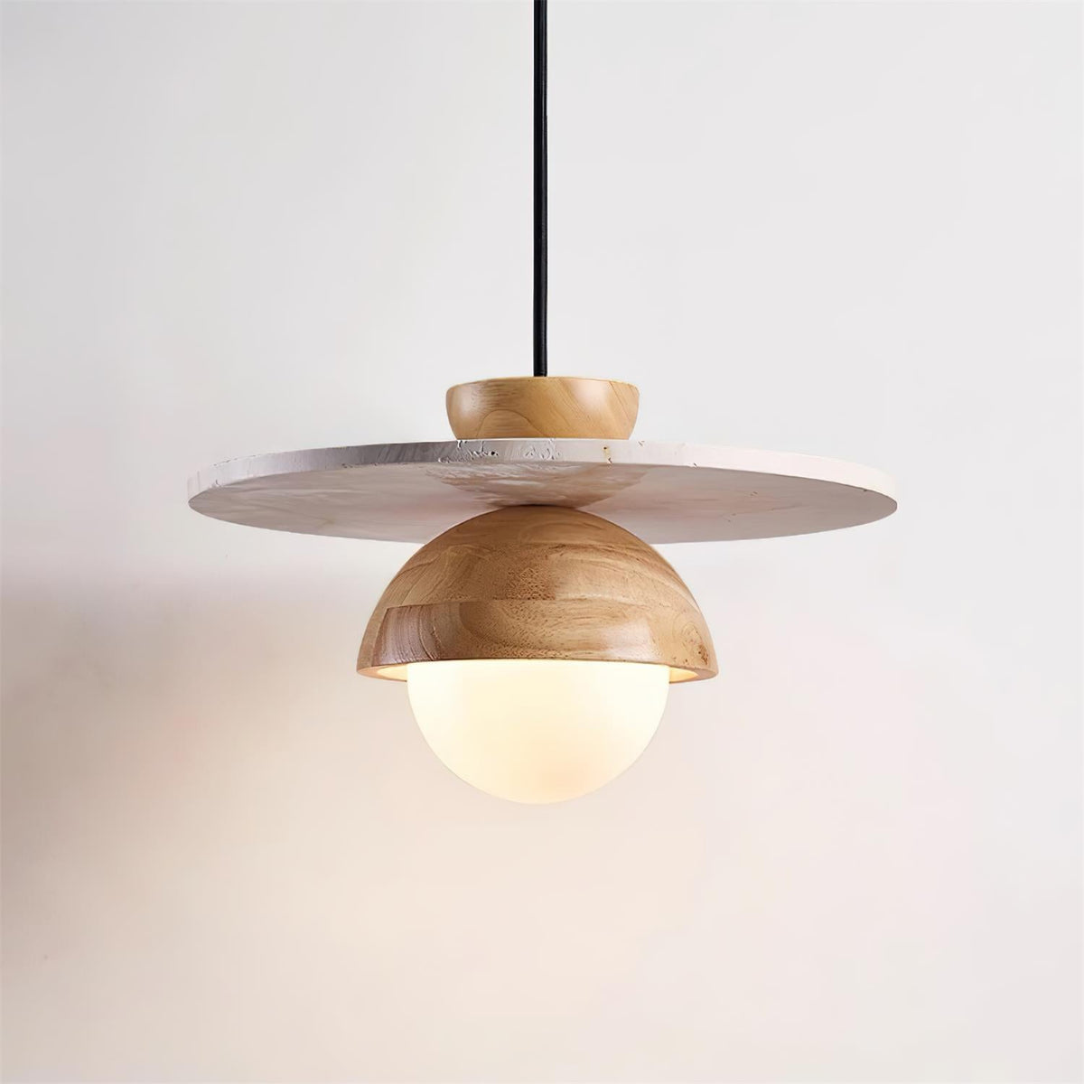 Virelli Suspension Globe en Verre Disque en Travertin Bois de Noyer Naturel