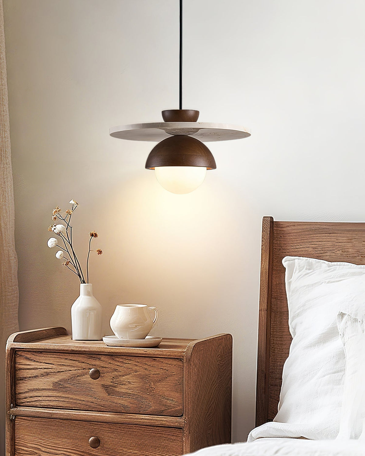 Virelli Suspension Globe en Verre Disque en Travertin Bois de Noyer Naturel