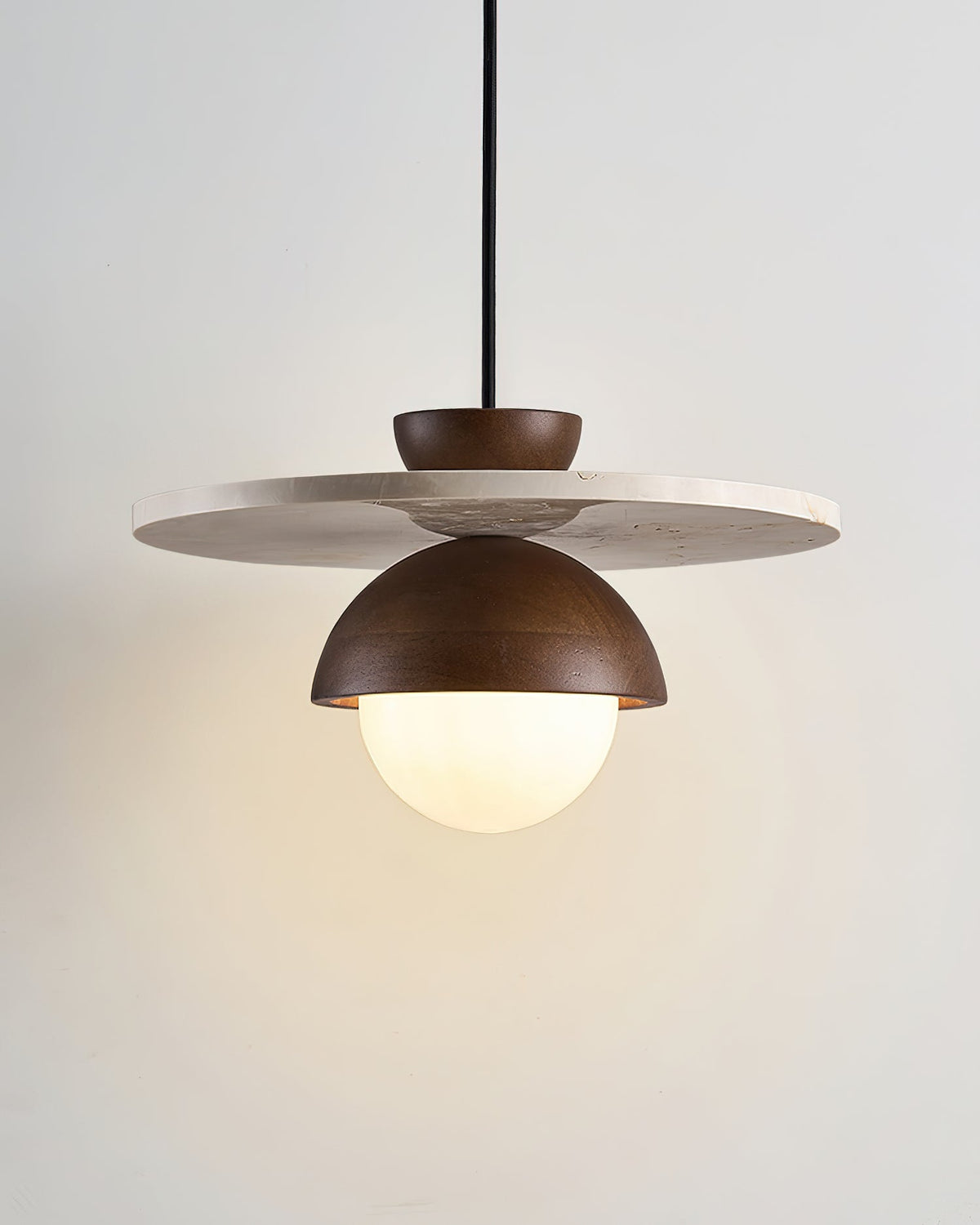 Virelli Suspension Globe en Verre Disque en Travertin Bois de Noyer Naturel