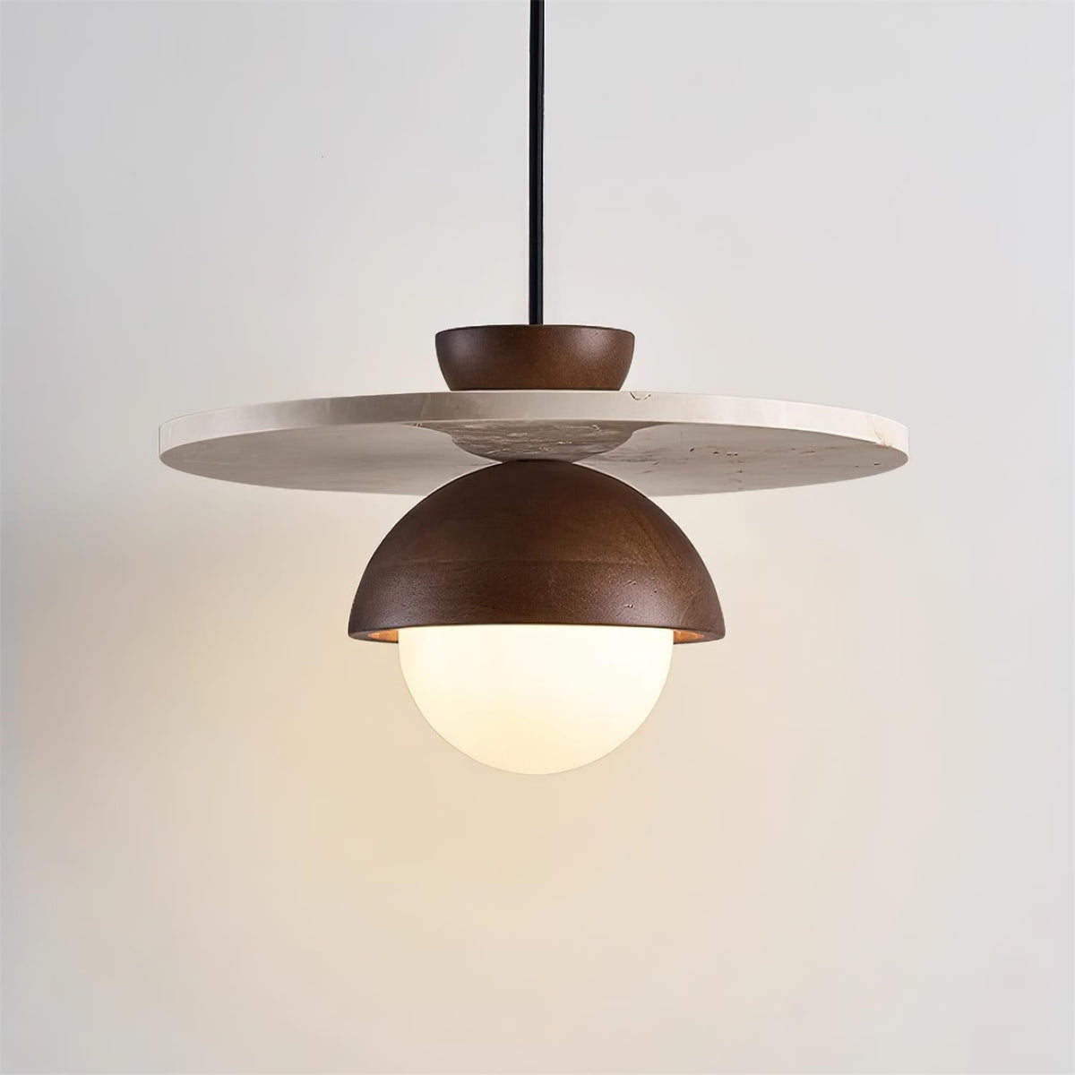Virelli Suspension Globe en Verre Disque en Travertin Bois de Noyer Naturel