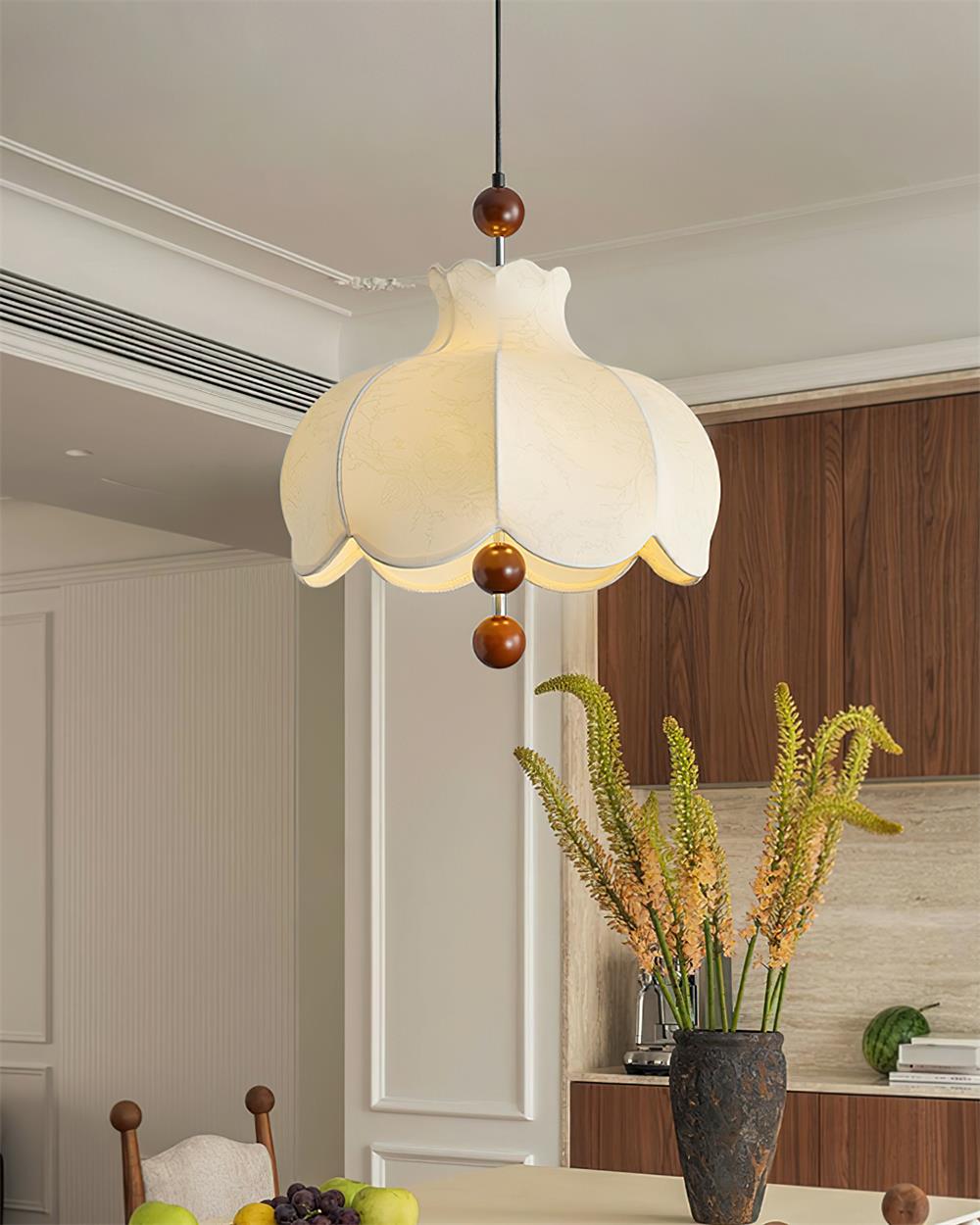 Oria Suspension avec abat-jour en tissu et accents en bois, style vintage, pour salon