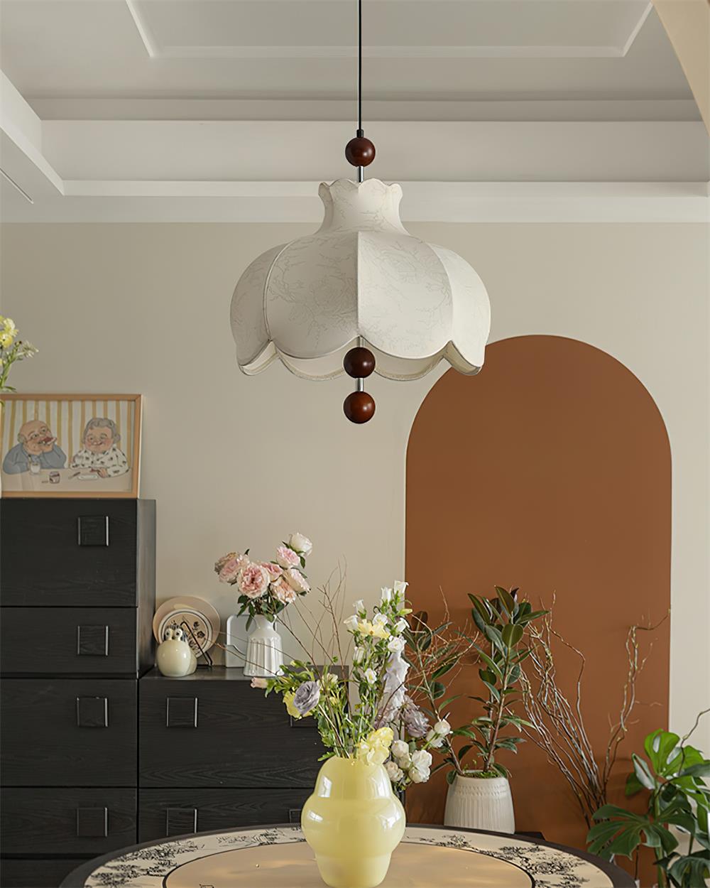 Oria Suspension avec abat-jour en tissu et accents en bois, style vintage, pour salon