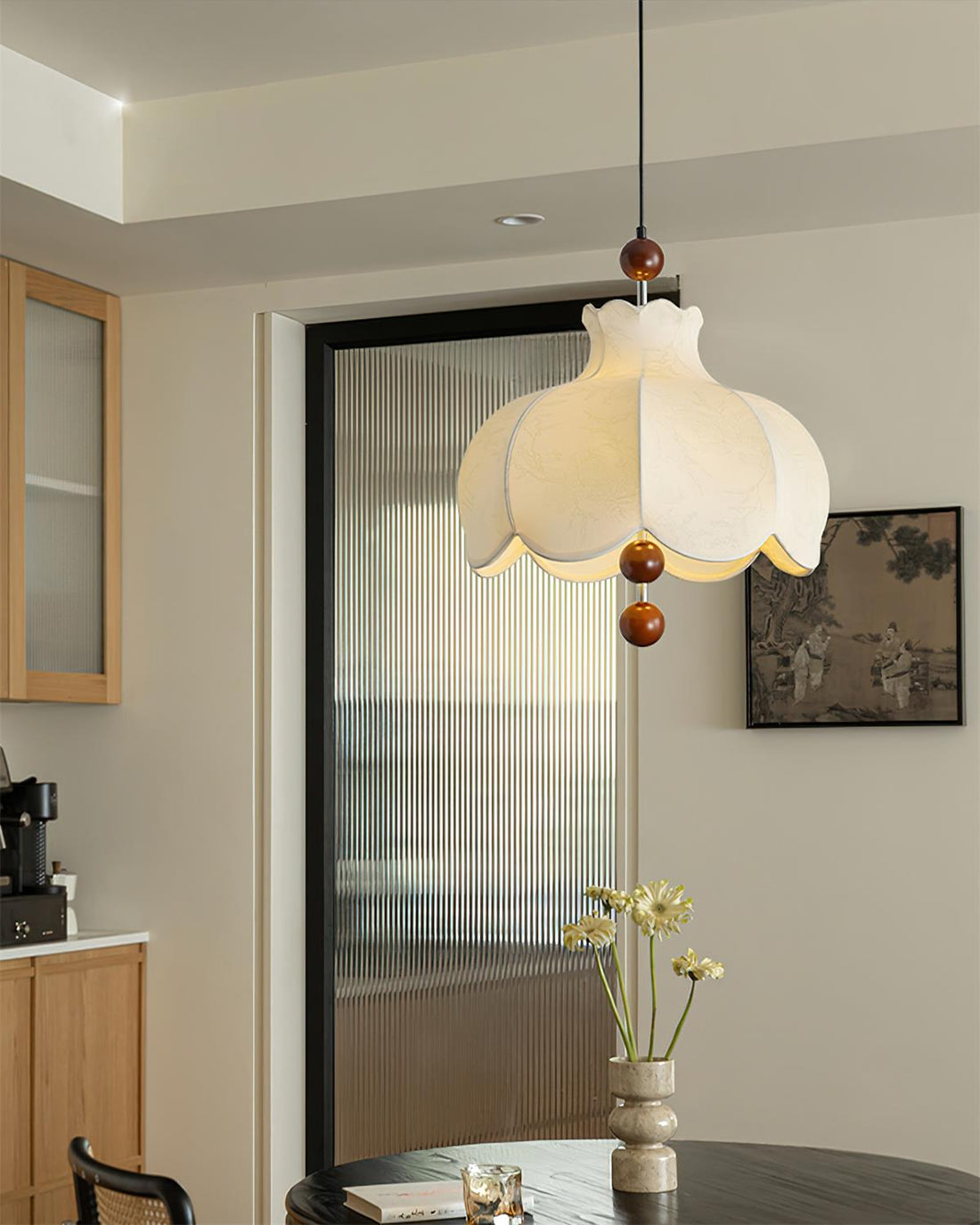 Oria Suspension avec abat-jour en tissu et accents en bois, style vintage, pour salon