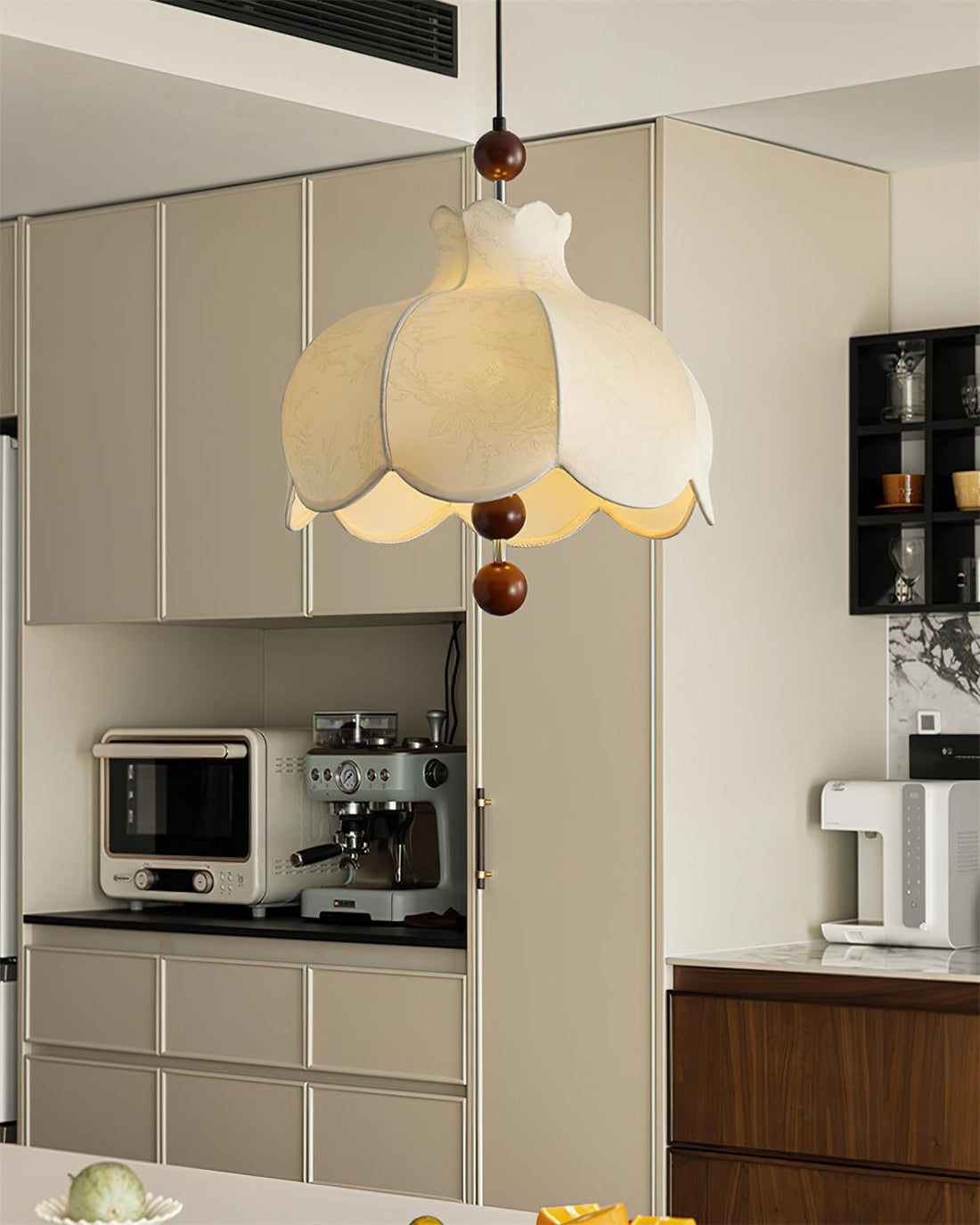 Oria Suspension avec abat-jour en tissu et accents en bois, style vintage, pour salon