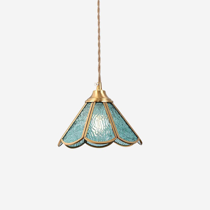 Suspension en Verre Bleu Texturé et Laiton Festonné Art Nouveau