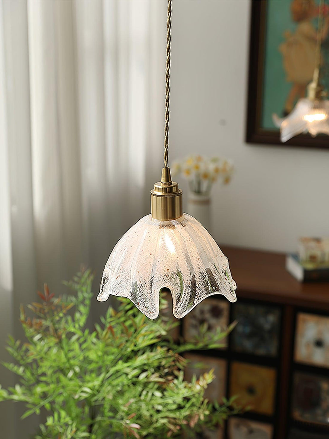 Solara Suspension en Laiton Verre Froissé Lotus Vintage