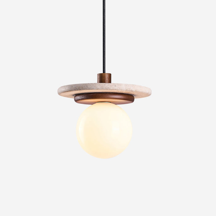 Lampe Suspension Globe en Verre Disque en Travertin Bois de Noyer Naturel