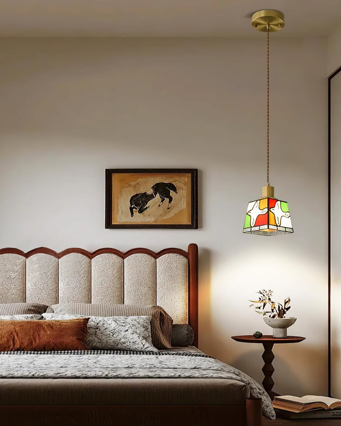 Suspension Lampe Colombe de la Paix Verre Mosaïque Laiton Artistique Tranquille