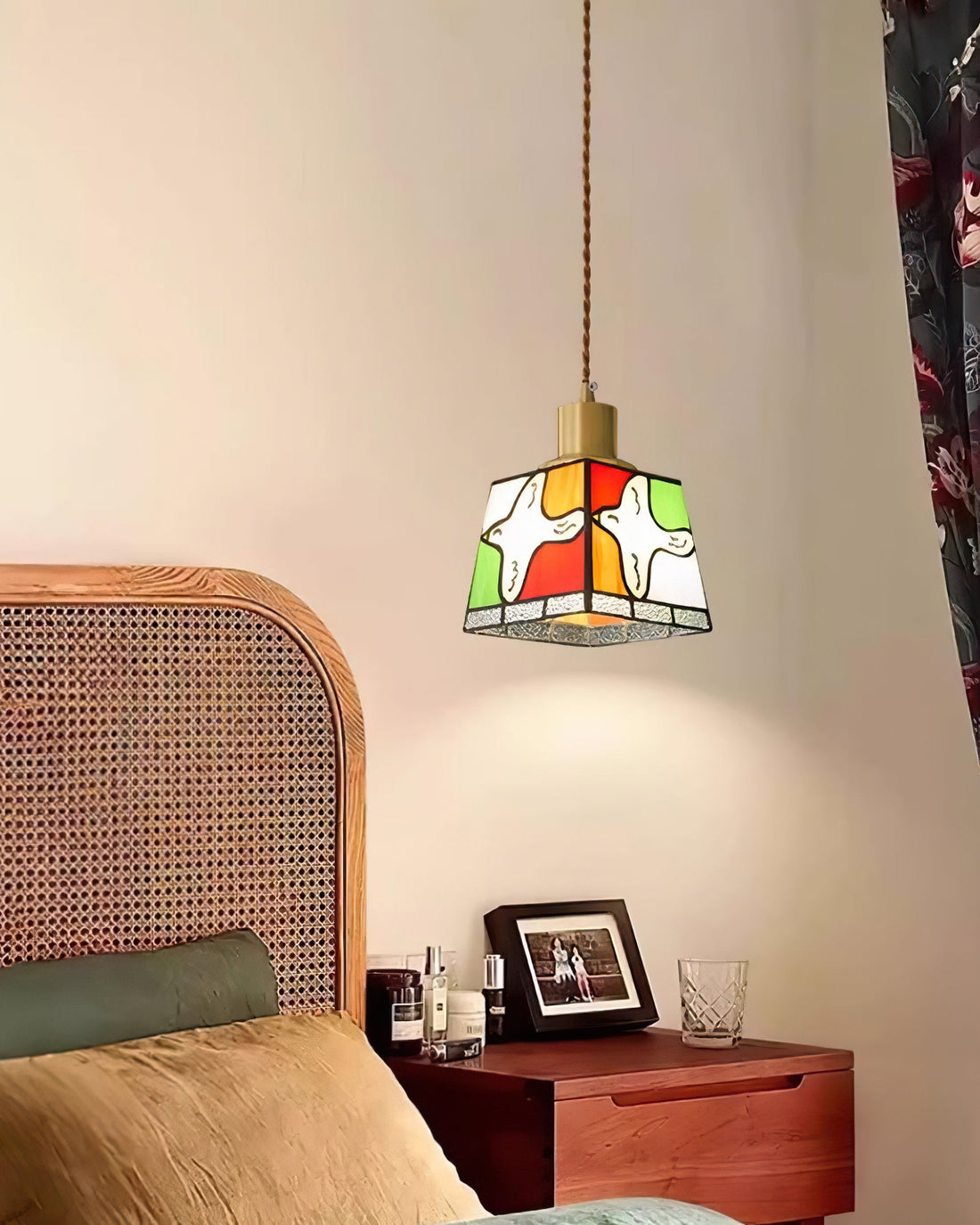 Suspension Lampe Colombe de la Paix Verre Mosaïque Laiton Artistique Tranquille