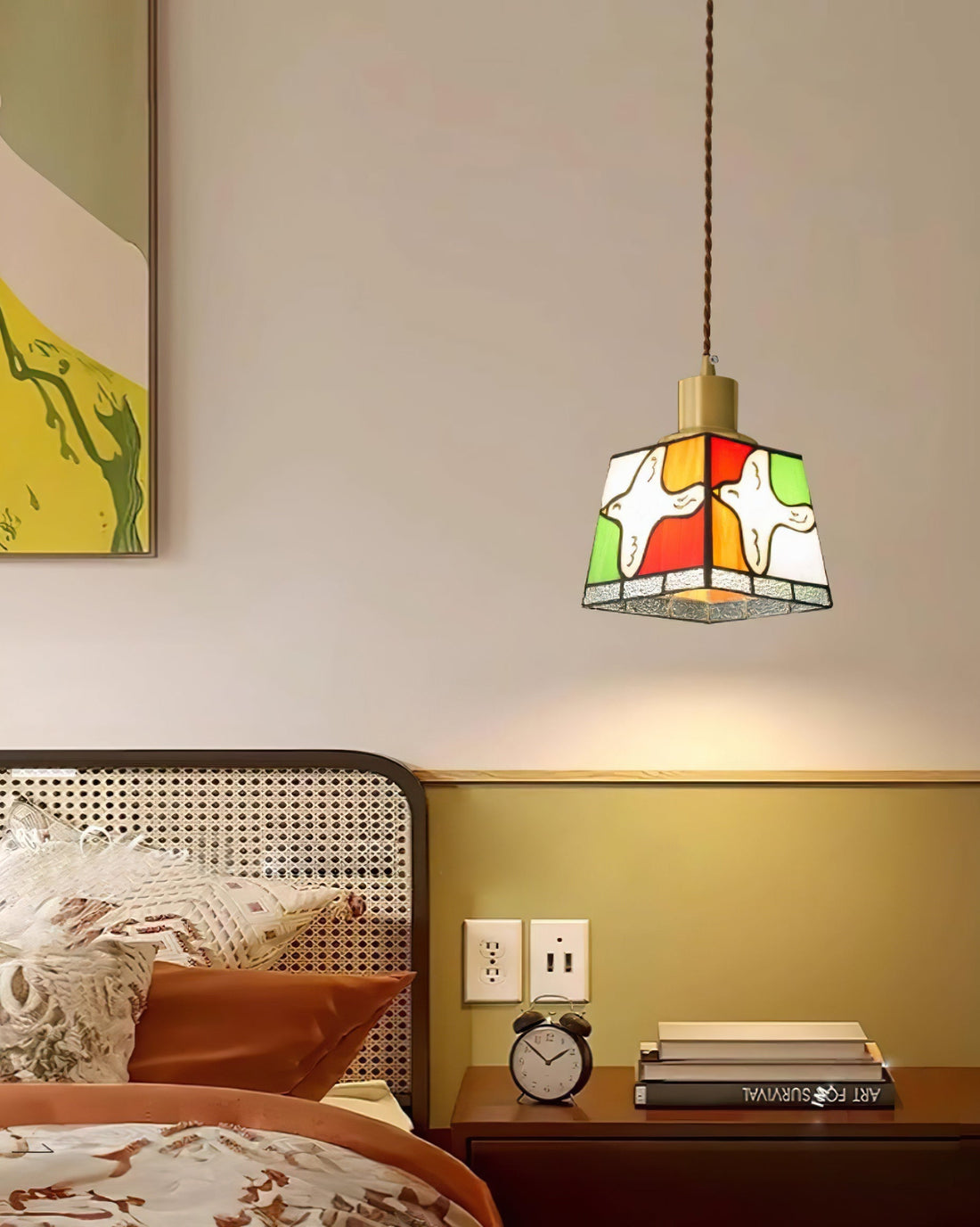 Suspension Lampe Colombe de la Paix Verre Mosaïque Laiton Artistique Tranquille