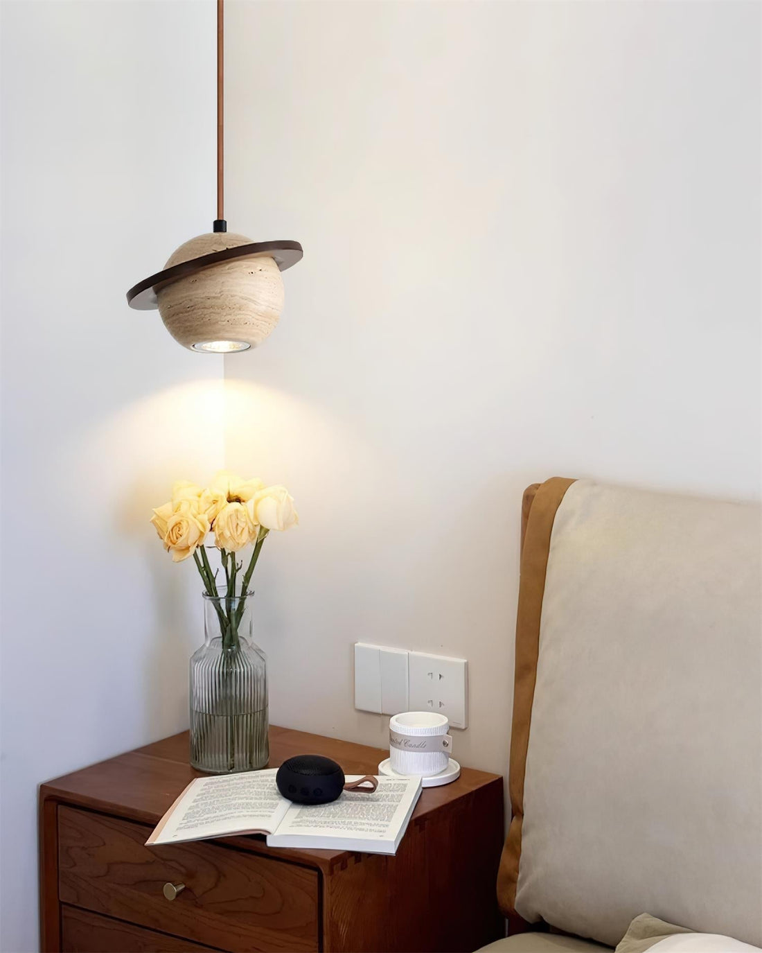 Lampe Suspension Planète Travertin Bois de Noyer Minimaliste