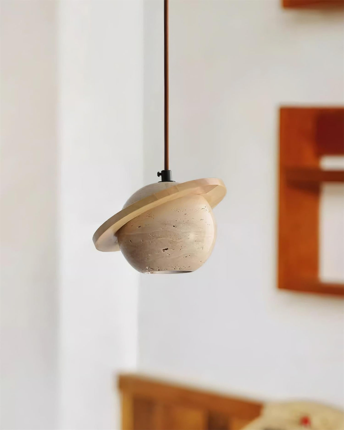 Lampe Suspension Planète Travertin Bois de Noyer Minimaliste