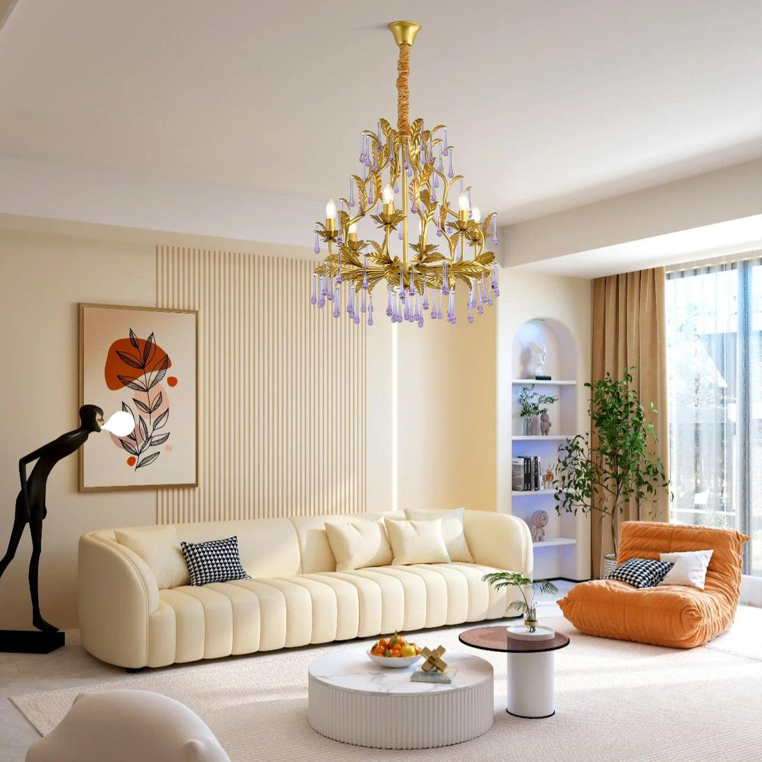 Murano Lustre Gouttes de Cristal Violet Feuilles Dorées