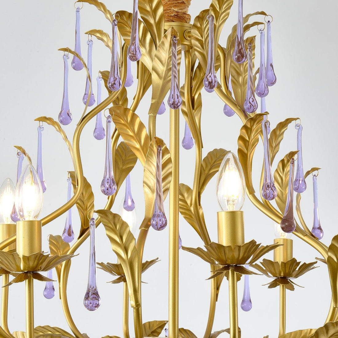 Murano Lustre Gouttes de Cristal Violet Feuilles Dorées