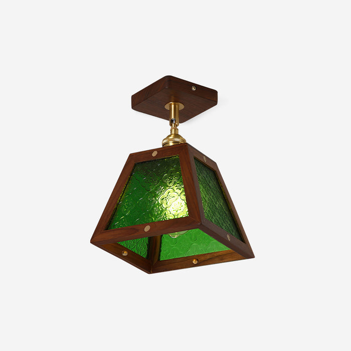 Radia Lustre Plafonnier Cadre en Bois Panneaux en Verre Géométriques