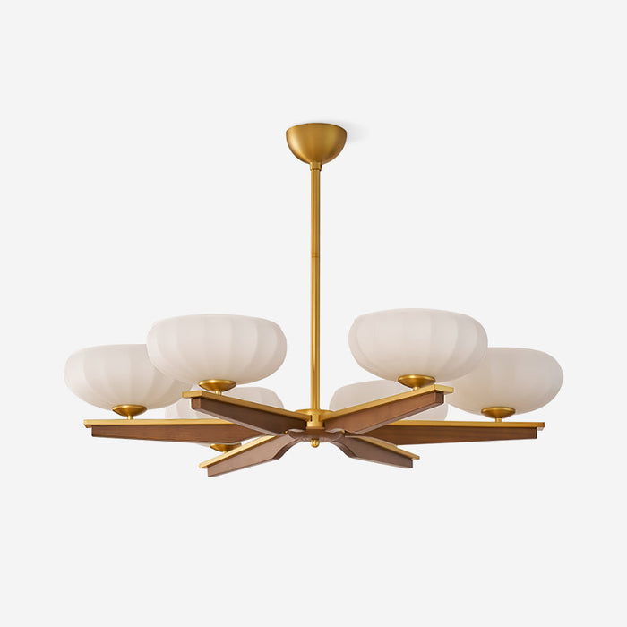 Lustre Bras en Bois de Noyer et Abat-jours en Verre Opale Style Mi-siècle
