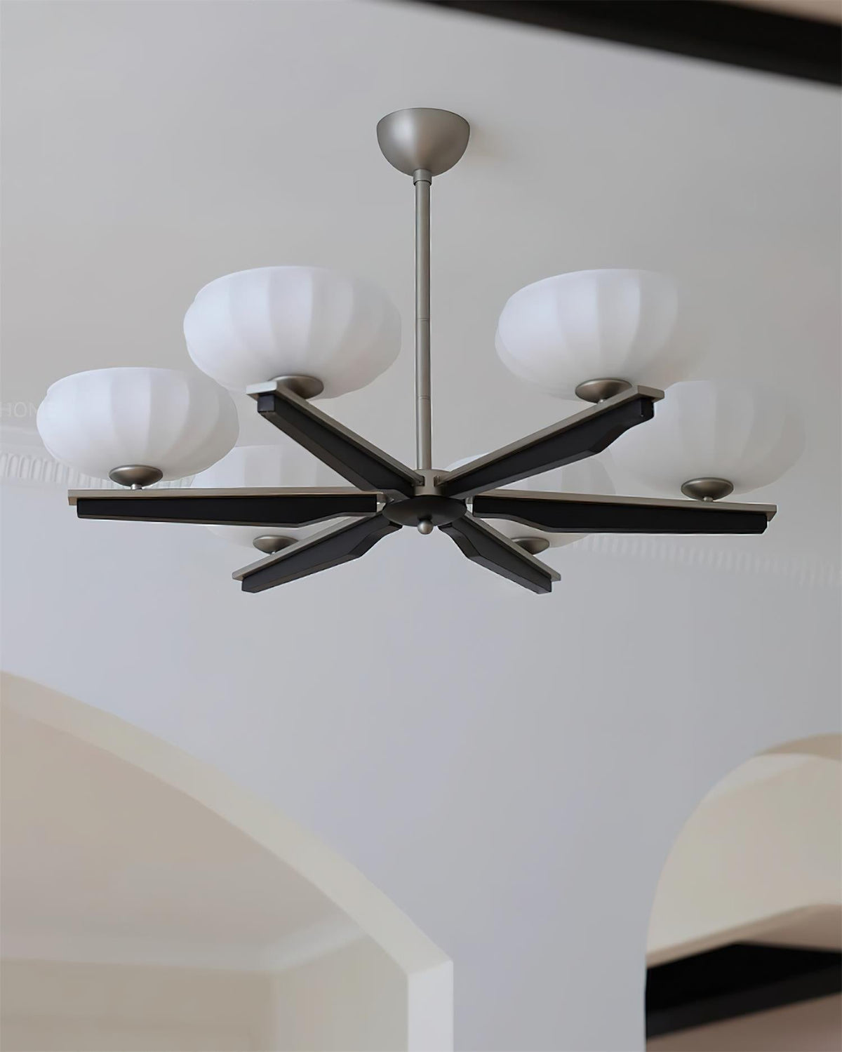 Lustre Bras en Bois de Noyer et Abat-jours en Verre Opale Style Mi-siècle