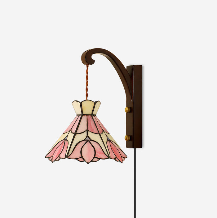 Applique Murale Tiffany Coloré Verre Floral Ombre Bois Support Ancien