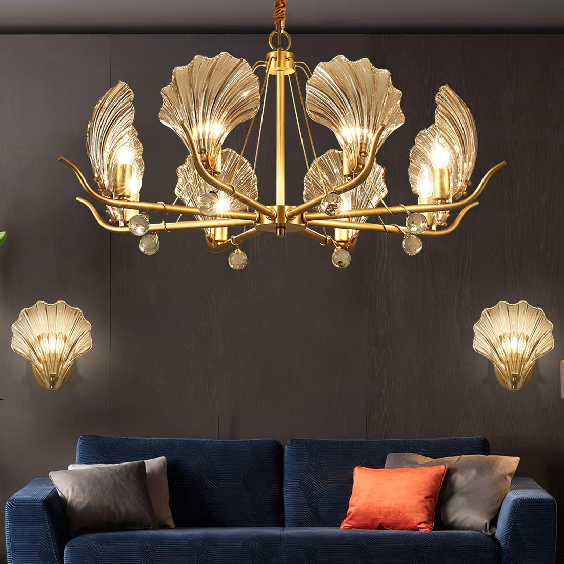 Lustra Lustre Coquillage Cristal Feuille Cuivre