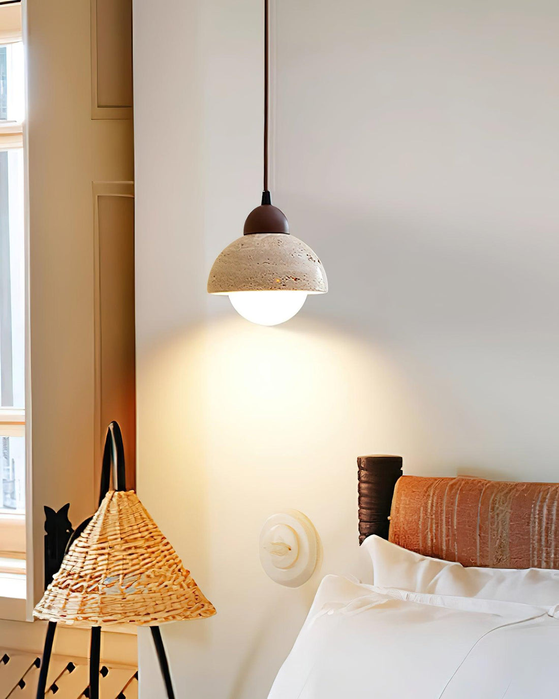 Suspension Bois Dessus Jaune Travertin Verre Blanc Beige Moderne